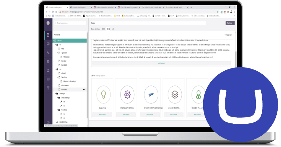 Computer with Umbraco backoffice in its screen