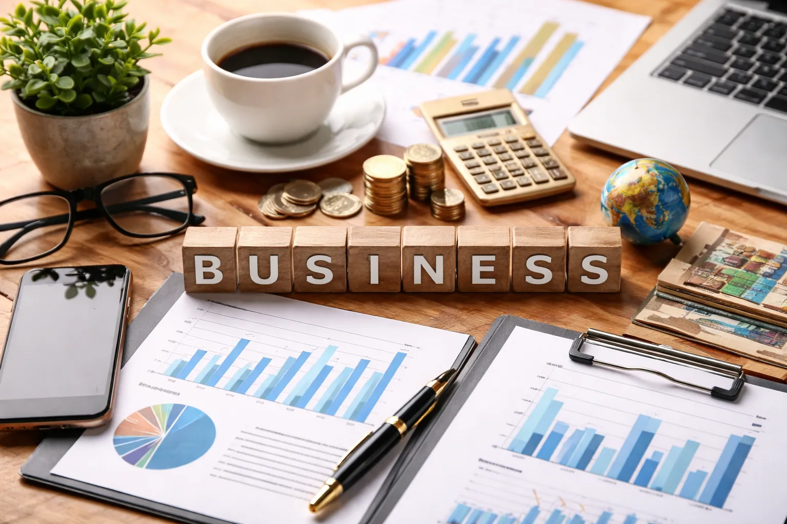 A general desktop with Business showing on wooden blocks